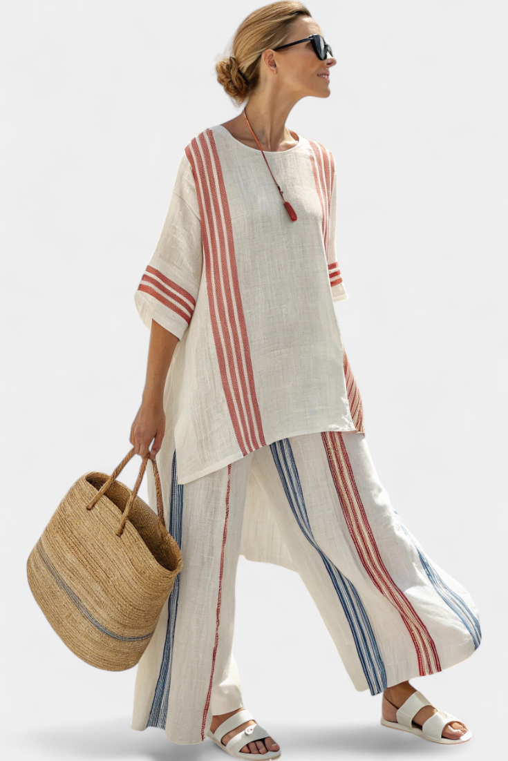 MÉLANIE | Ensemble Éthique de Bambou Lin avec Rayures et Coupe Ample
