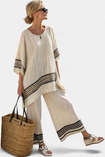 MÉLANIE | Ensemble Éthique de Bambou Lin avec Rayures et Coupe Ample