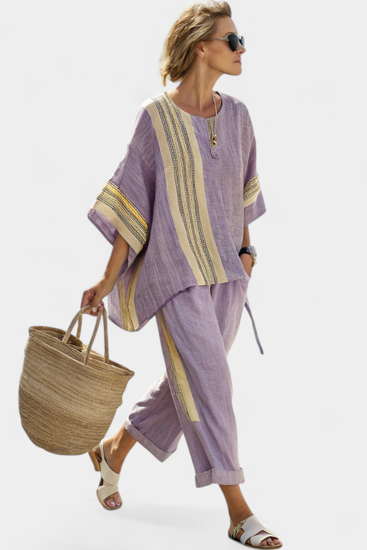 MÉLANIE | Ensemble Éthique de Bambou Lin avec Rayures et Coupe Ample