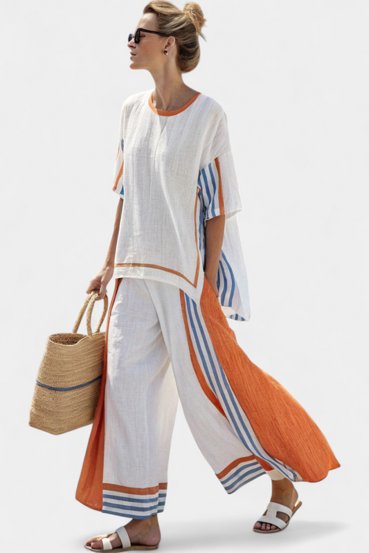 MÉLANIE | Ensemble Éthique de Bambou Lin avec Rayures et Coupe Ample