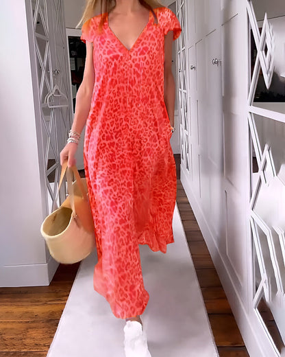 Véronique | Robe longue col V en imprimé à manches courtes